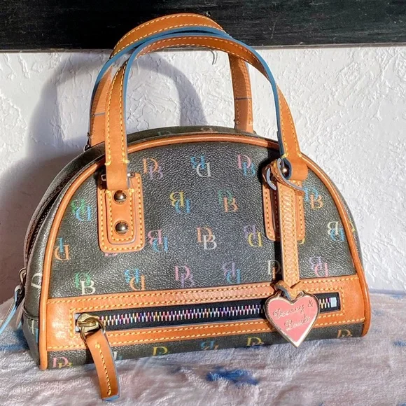 Vintage Y2K Dooney & Bourke Rainbow Monogram Mini Bowler Handbag w/ Heart Charm - Picture 1 of 17